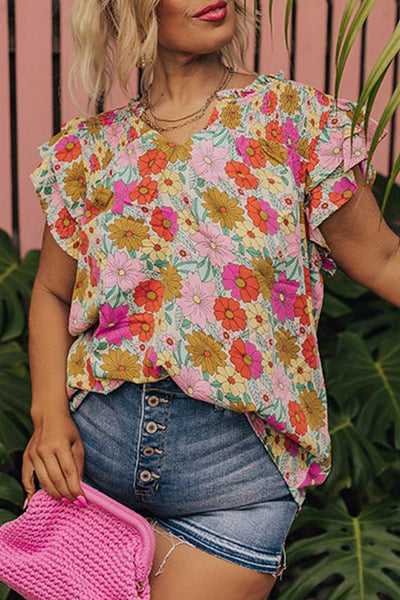 Women's plus size floral, ruffled cap sleeve top