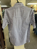 Men's wrangler short sleeve snap front, navy, brown & tan small plaid shirt