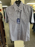 Men's wrangler short sleeve snap front, navy, brown & tan small plaid shirt