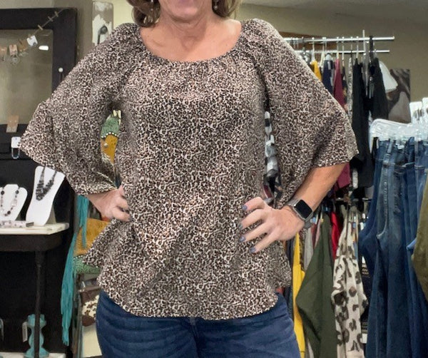 Women's on or off shoulder, bell sleeve leopard blouse, Regular and Plus sizes