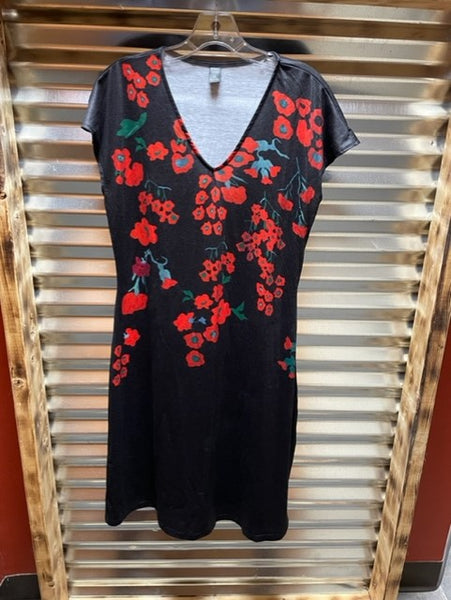 Women's Black with red poppy's print, v neck, tshirt dress