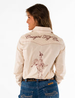 Cowgirl Tuff pull over, button up shirt, cream with red stitching