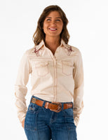 Cowgirl Tuff pull over, button up shirt, cream with red stitching