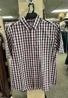 Men's short sleeve, black & coral plaid, button shirt