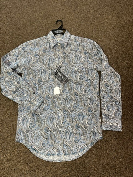 Men's Long sleeve, light blue & brown paisley, western shirt with pearl snaps