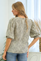 Women's Plus puff sleeve blouse, cream with black & brown specks