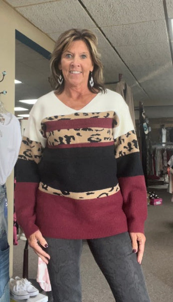 Women's vneck maroon, black, & leopard print sweater