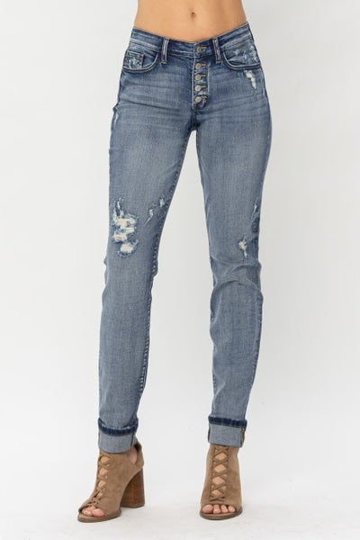Women's, Judy Blue, high rise, Boyfriend fit, button fly, distressed jeans