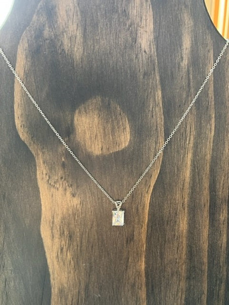 dainty square CZ pendant, on silver chain