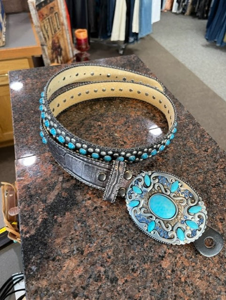 women's genuine leather grey belt with turquoise stones  & buckle