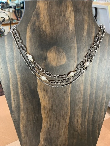 multi layer, silver necklace with pearl and CZ accents