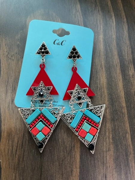 triple layered dangling, triangle earrings