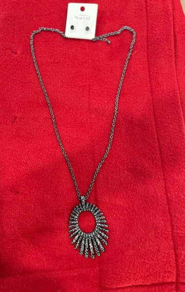 gunmetal black diamond long oval necklace