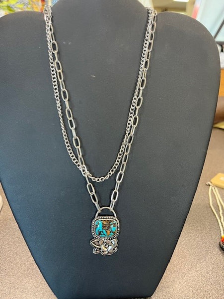 Silver layered chains with african turquoise square stone