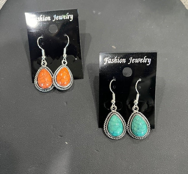 Turquoise or orange stone, teardrop earrings