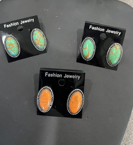 Turquoise or orange oval post earrings