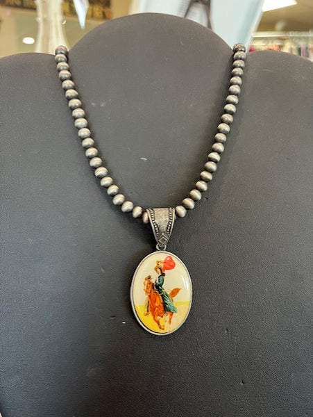 Navajo pearl necklace with cowgirl pendant
