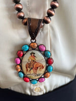 Long Navajo pearl necklace with cowgirl pendant