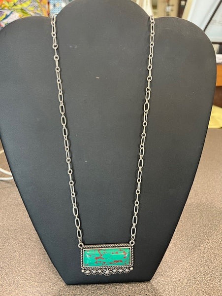 African turquoise horizontal bar pendant on silver chain