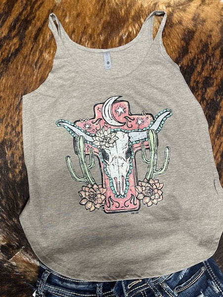 women's light olive tank with longhorn bull and cross