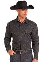 Men's Long sleeve black with subtle olive green print western shirt by Panhandle