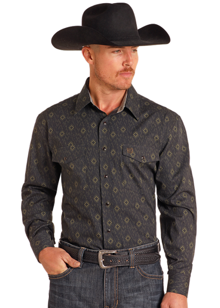 Men's Long sleeve black with subtle olive green print western shirt by Panhandle