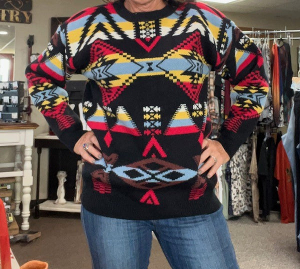 Women's black & colorful aztec sweater - Regular & Plus sizes