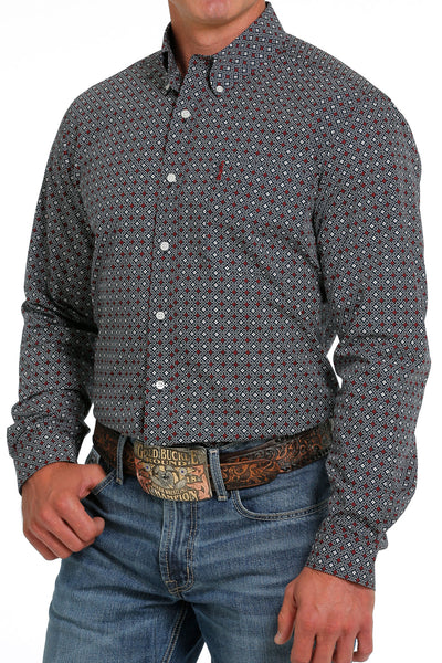 Men's Cinch long sleeve button up, Navy & Burgundy pattern shirt