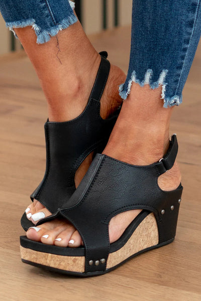 Women's Black sandle with cork wedge & sling velcro heel strap
