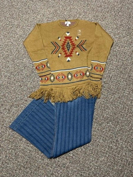 Women's Camel colored sweather with blue & red design with a fringed bottom