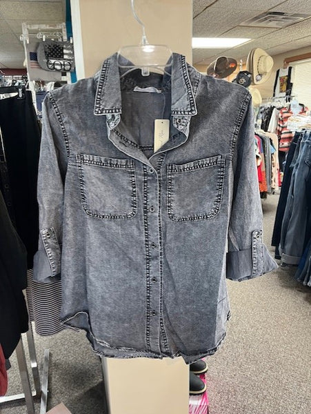 Women's Charcoal chambray shirt, with fold up or down tab sleeves