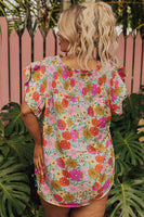 Women's plus size floral, ruffled cap sleeve top