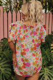 Women's plus size floral, ruffled cap sleeve top