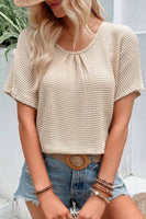 Women's tan oatmeal, short sleeve with crochet back detail