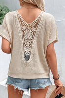 Women's tan oatmeal, short sleeve with crochet back detail
