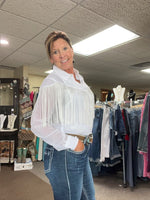 Women's white sheer, western blouse with fringe & pearl snaps