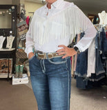 Women's white sheer, western blouse with fringe & pearl snaps