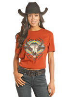 unisex rust tee with long horn skull