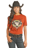 unisex rust tee with long horn skull