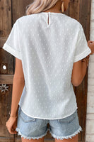 women's cap sleeve white blouse with crochet neckline details