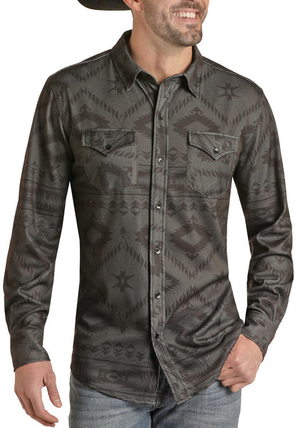 Men's longsleeve black knit, print button up shirt