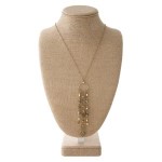 long metal necklace with coin and natural bead accents