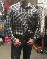 Men's Navy & tan plaid western shirt