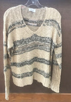 tan & black, v neck, loose knit sweater