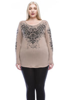 Plus long sleeve taupe with black design top