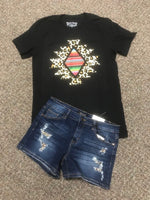 Black short sleeve tee with leopard and serape aztec design