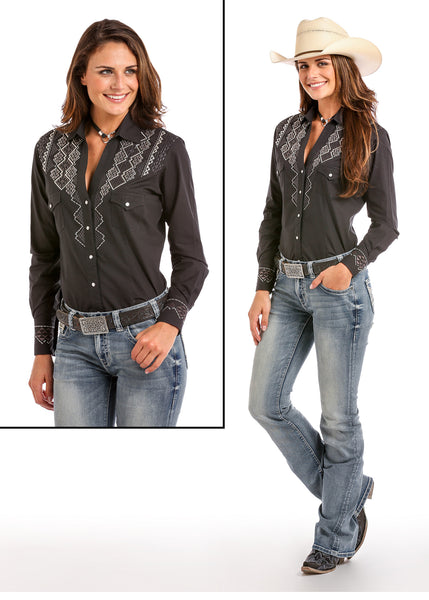 Women's Black shirt with Aztec Embroidered detail