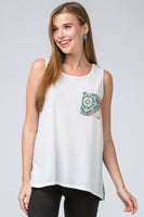 women's Ivory tank top with pattern pocket & back