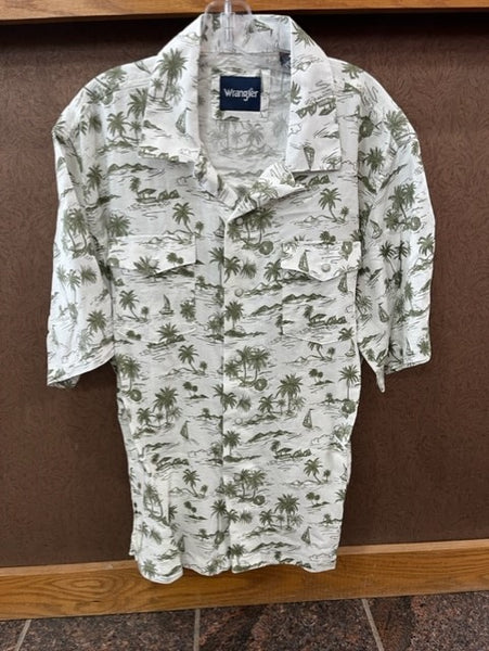 Men's Short sleeve snap front shirt - ivory with olive summer print