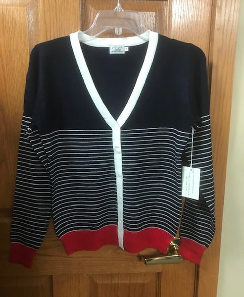 stripe short button up cardigan in navy or black